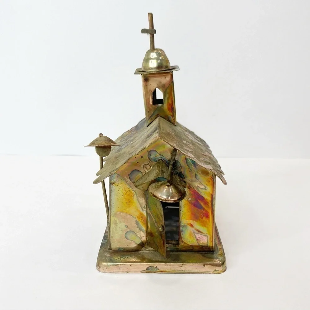 Vintage Copper Color Tin Wind Up Church Music Box Plays Amazing Grace Holidays